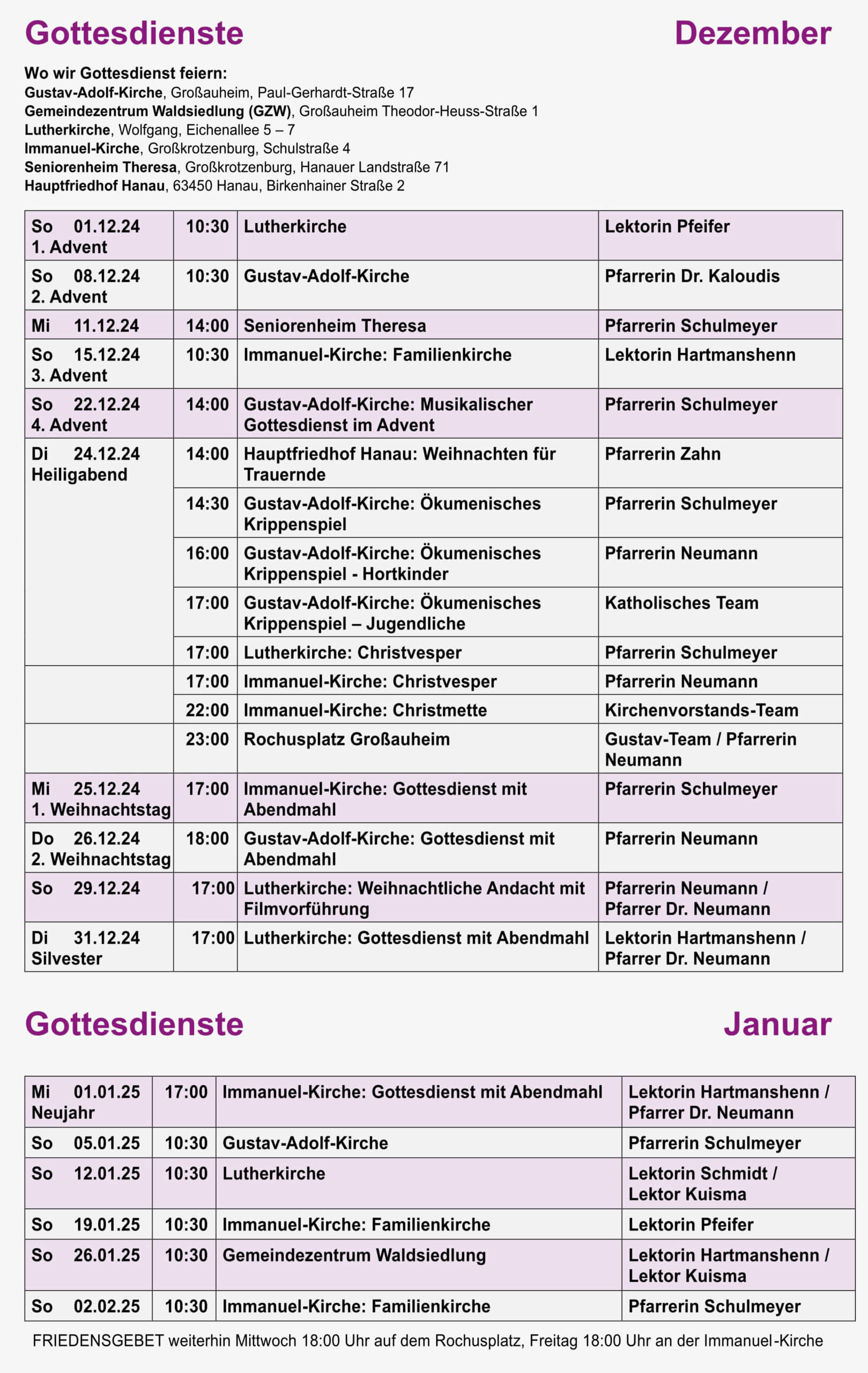 Gottesdienste Dez 24 Jan 25